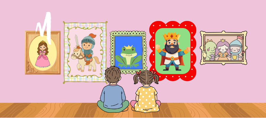 Illustrazione con una serie di quadri e due bambini che li guardano