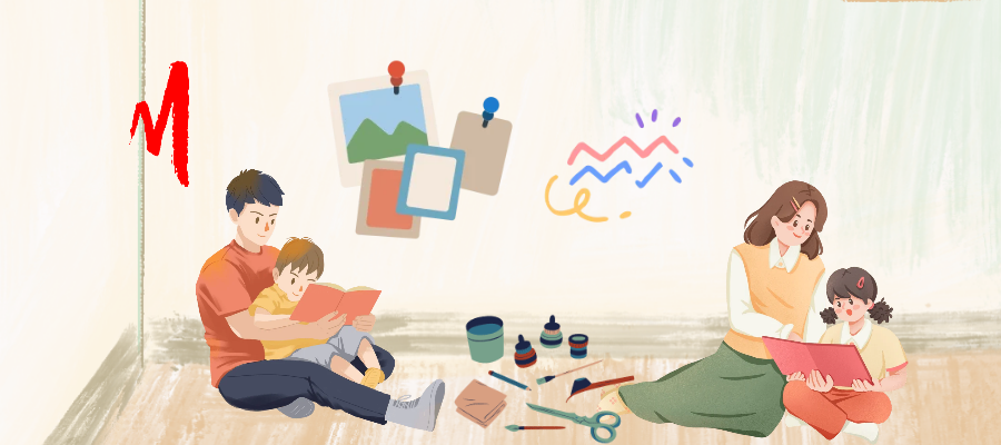 Illustrazione con adulti che raccontano storie ai bambini